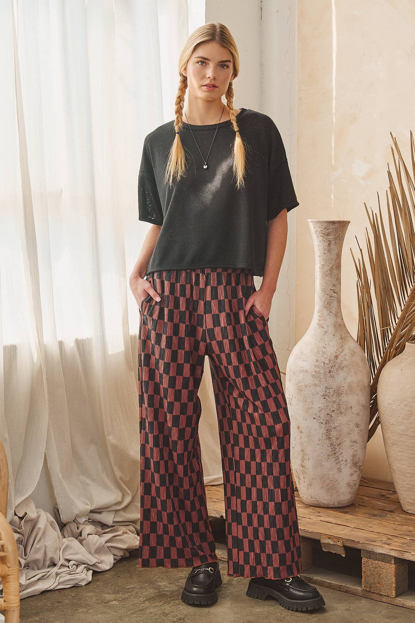 Retro Checkered Wide-Leg Pants