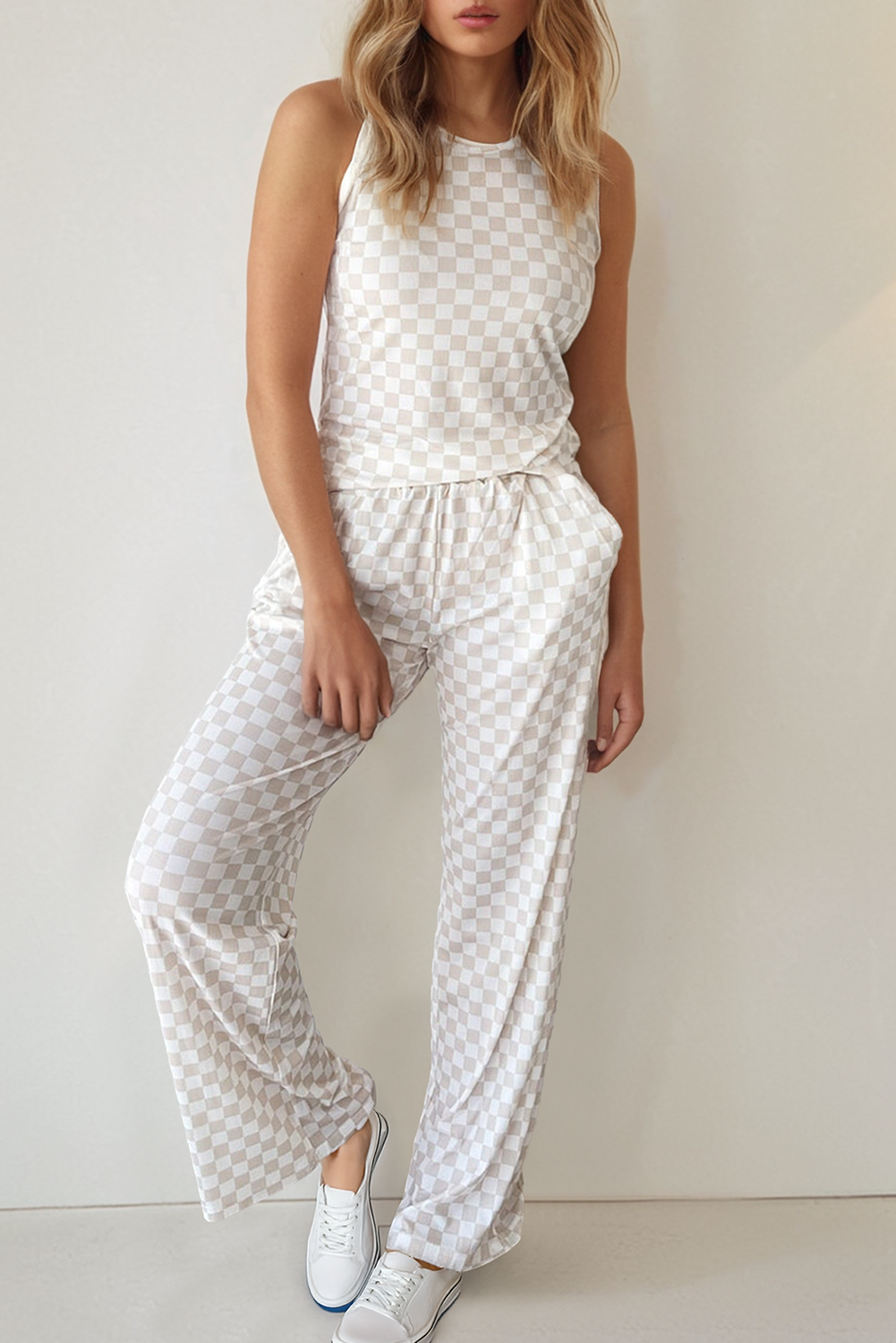 Ribbed Checkered Print Tank Lounge Set