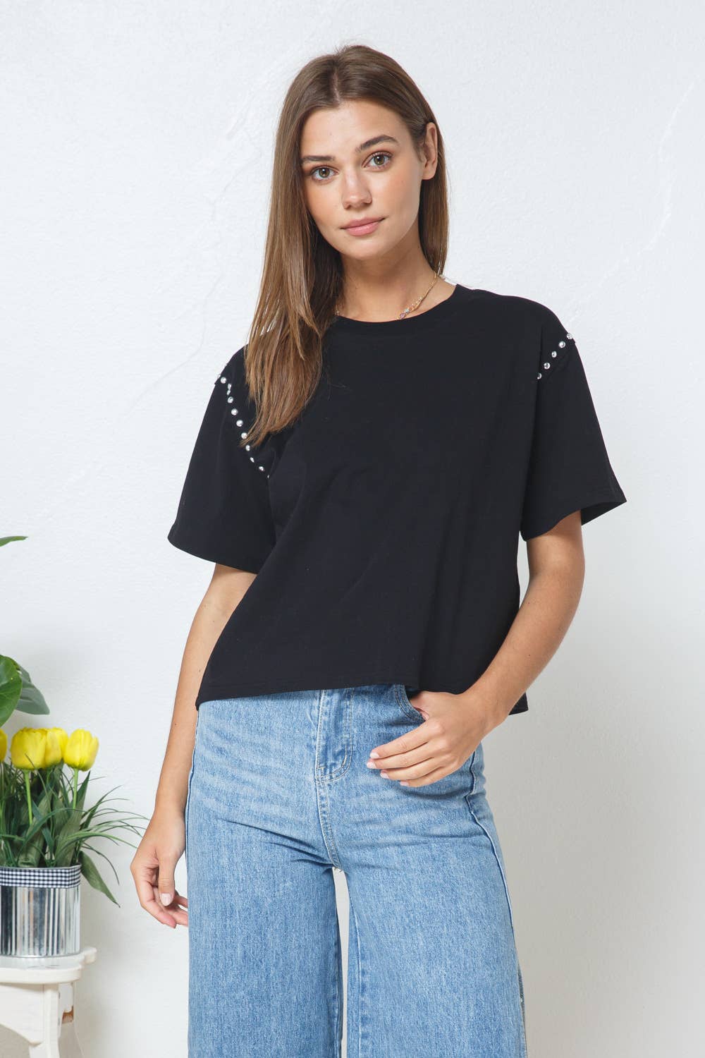 Studded Short Sleeve Crop Tee - November Moon