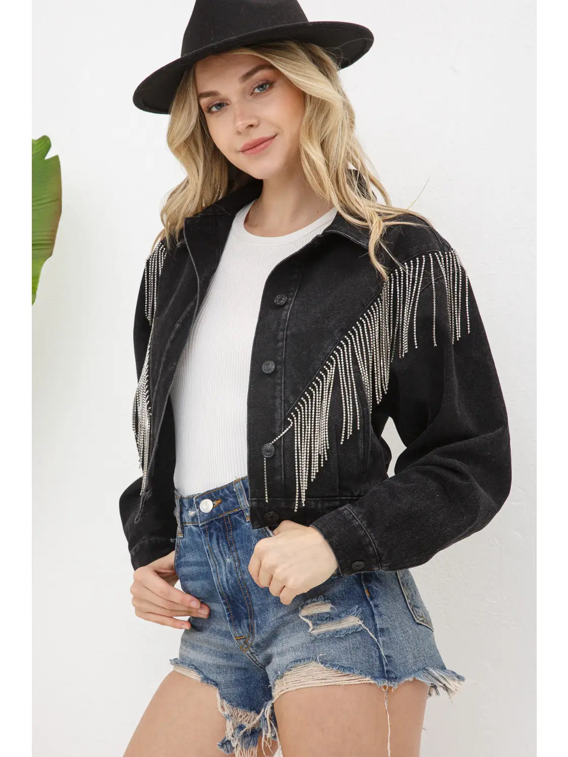 Denim Rhinestone Fringe Jacket - November Moon