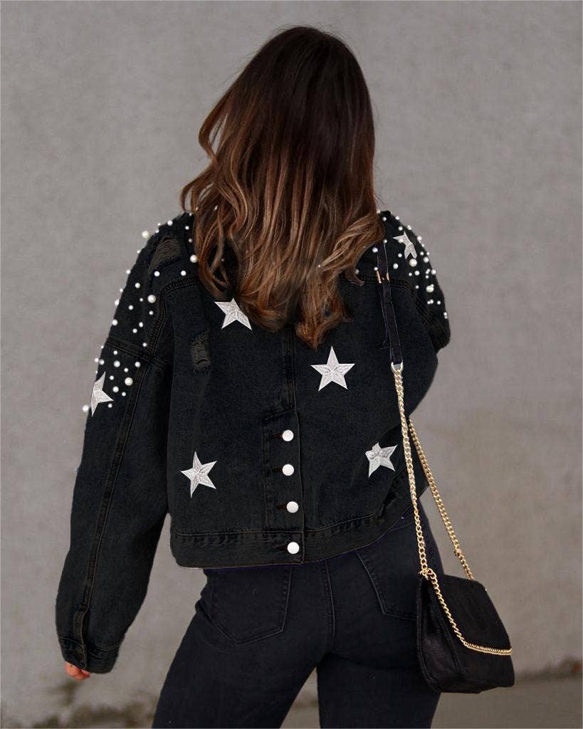 Heavy industry beaded coat women's loose denim jacket - November Moon