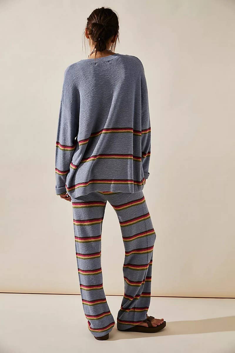 Striped Sweater & Pant Lounge Set - Blue Gray