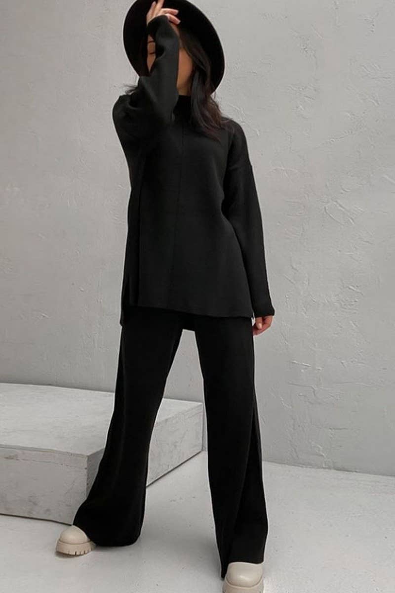 Mock Neck Sweater & Pants Set - Black