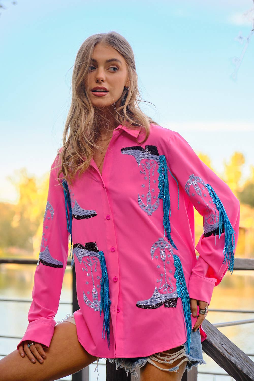 Western Cowboy Boots & Fringe Shirt - Hot Pink