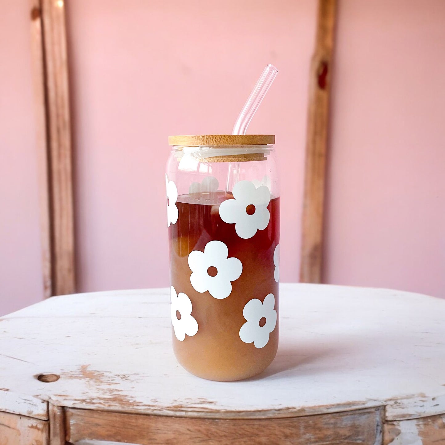 Flower Latte Glass with Lid & Straw
