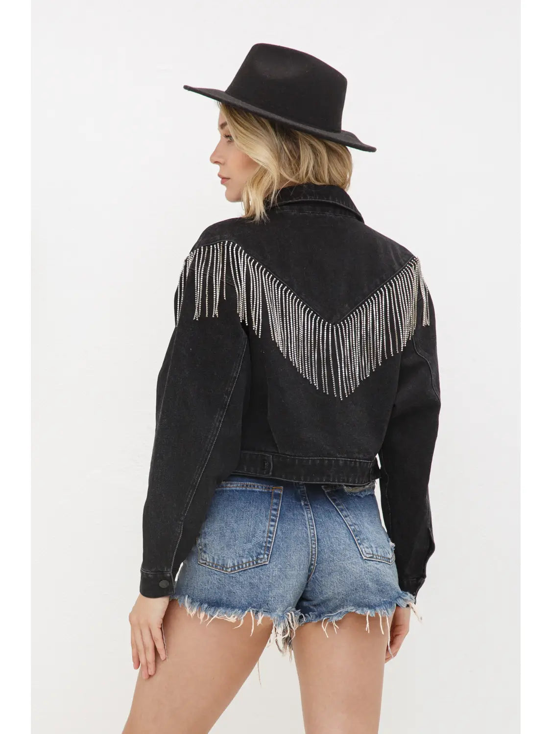 Denim Rhinestone Fringe Jacket - November Moon