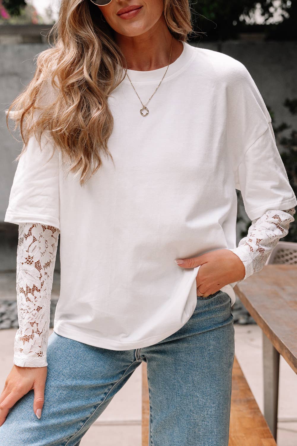 Lace Long Sleeve Drop Shoulder Tee