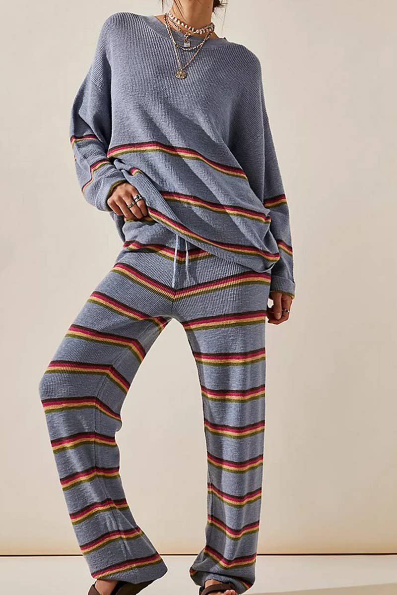 Striped Sweater & Pant Lounge Set - Blue Gray