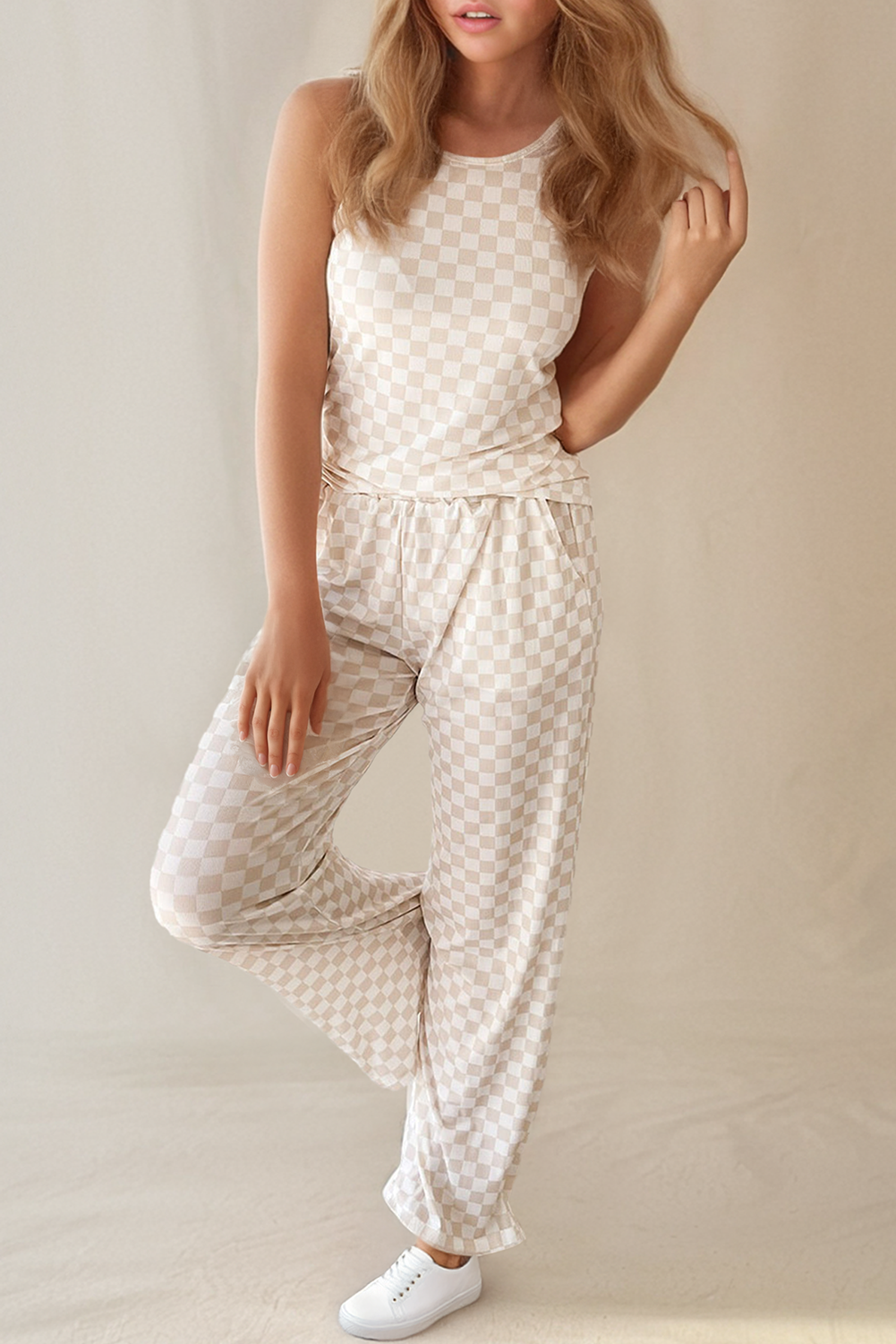 Ribbed Checkered Print Tank Lounge Set