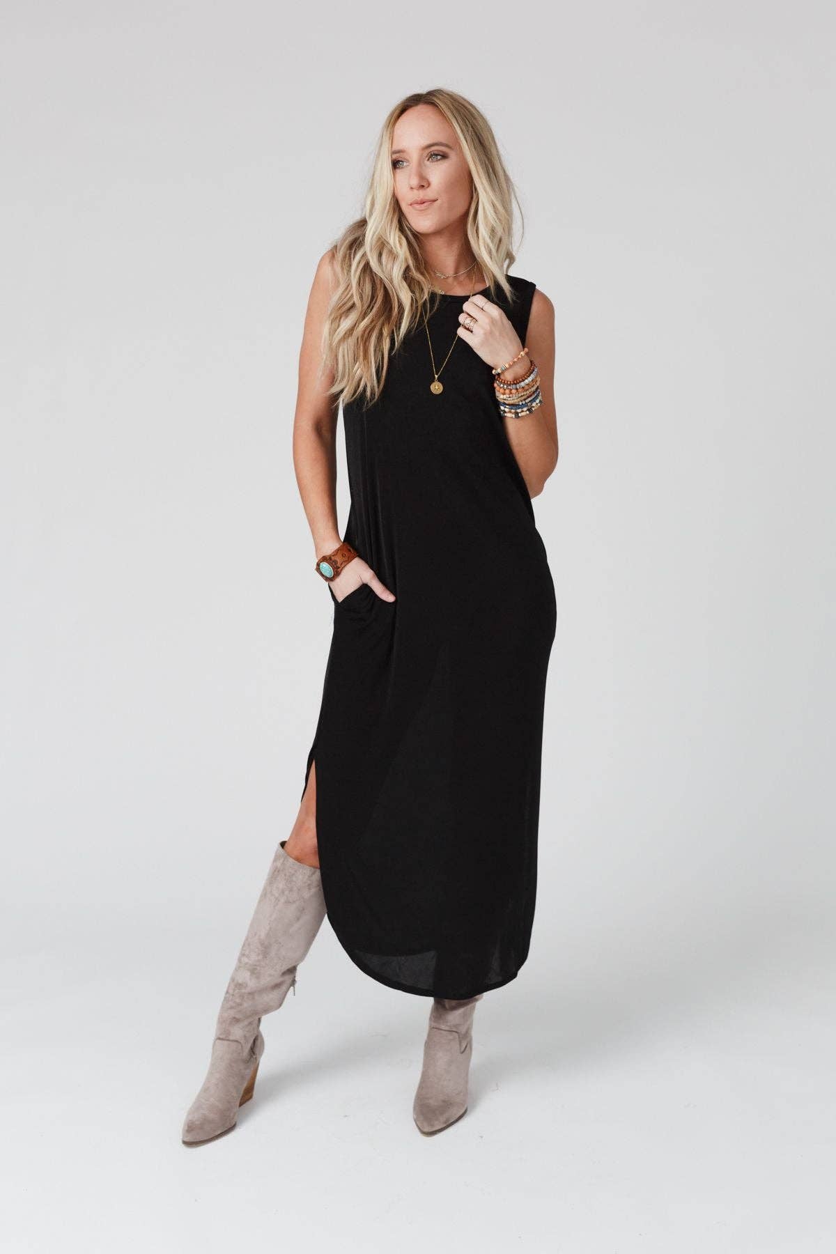 Cassie Sleeveless Pocket Slinky Maxi Dress - November Moon