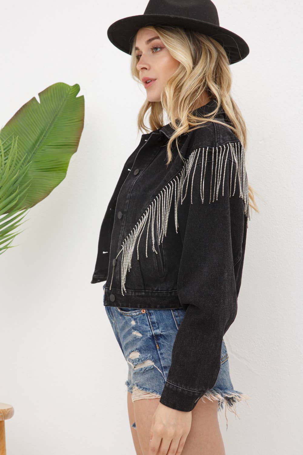 Denim Rhinestone Fringe Jacket - November Moon