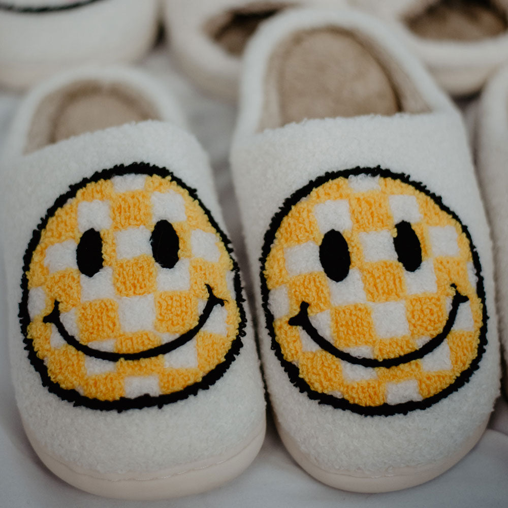Yellow Checkered Happy Face Slippers - November Moon