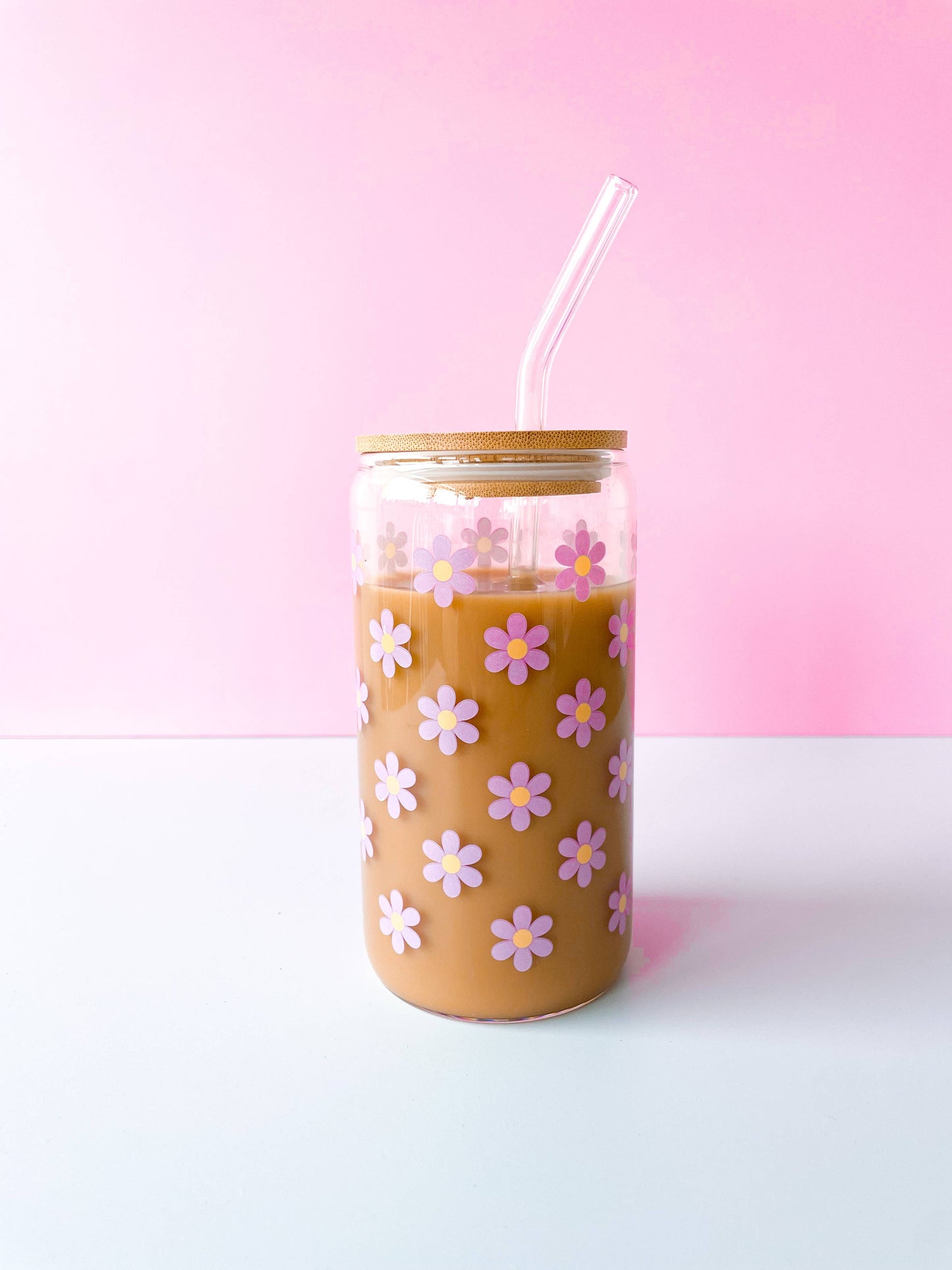 Purple Daisy Latte Glass With Lid & Straw