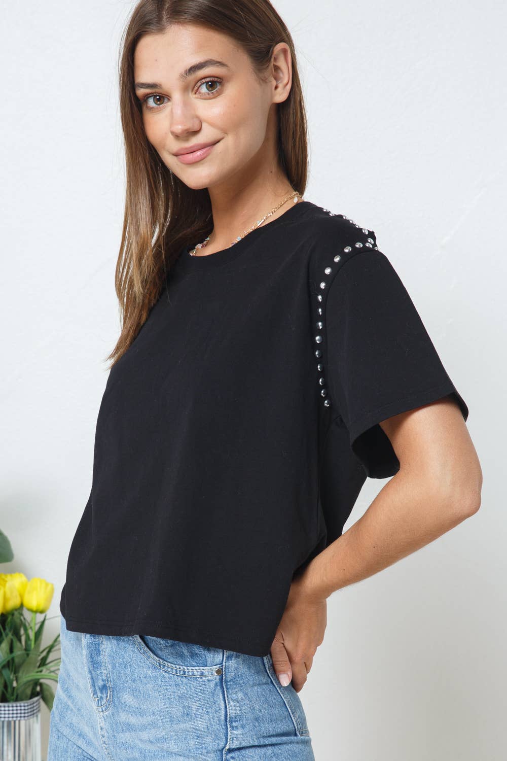 Studded Short Sleeve Crop Tee - November Moon  