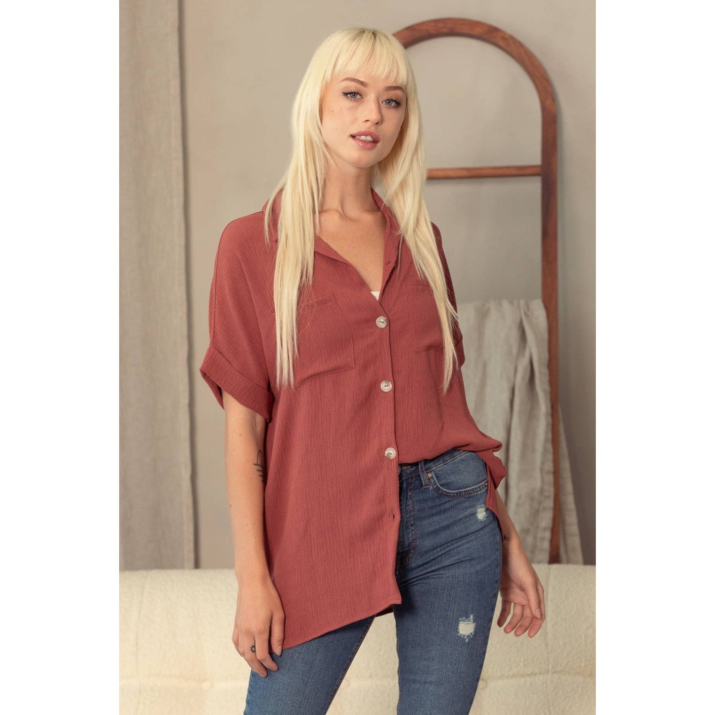 Air Flow Short Sleeve Blouse - Rust