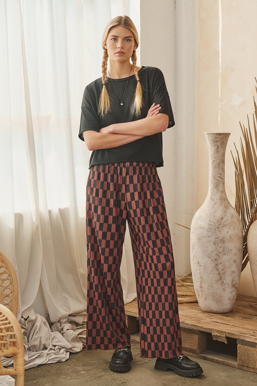 Retro Checkered Wide-Leg Pants