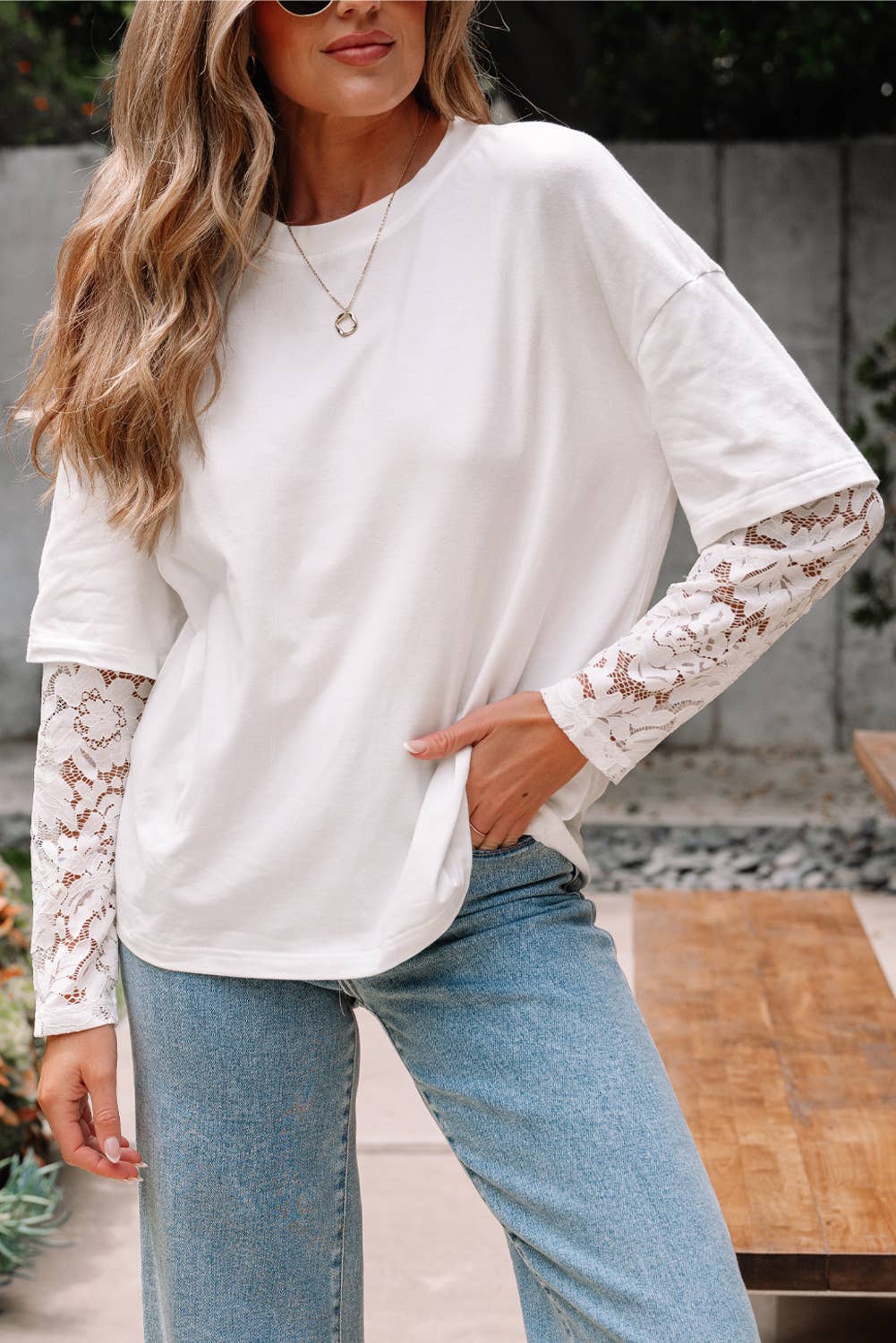 Lace Long Sleeve Drop Shoulder Tee