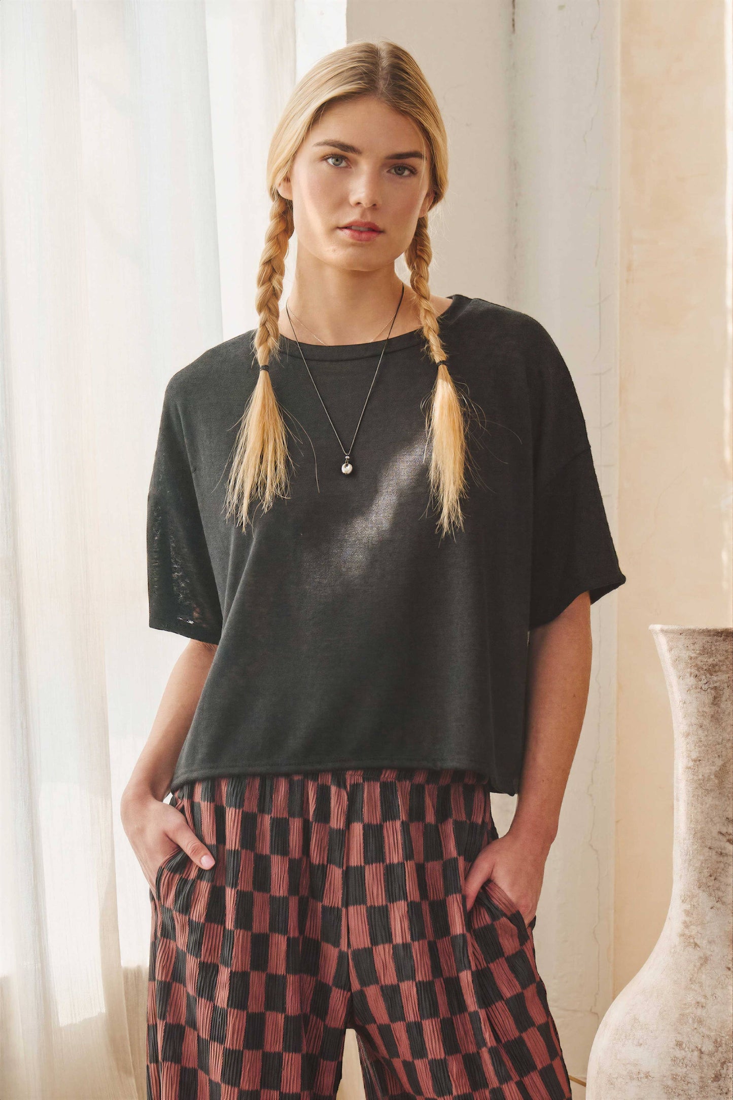 Sheer Cropped Short Sleeve Tee - Black