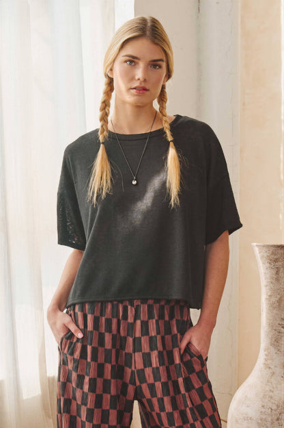 Sheer Cropped Short Sleeve Tee - Black