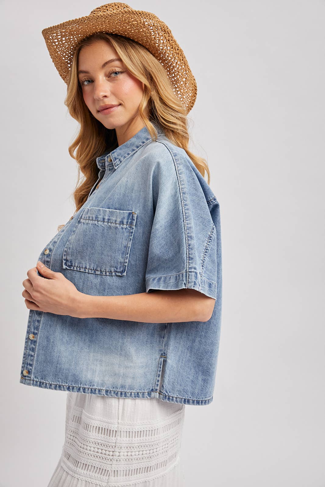 Boxy Denim Short-Sleeve Button Down