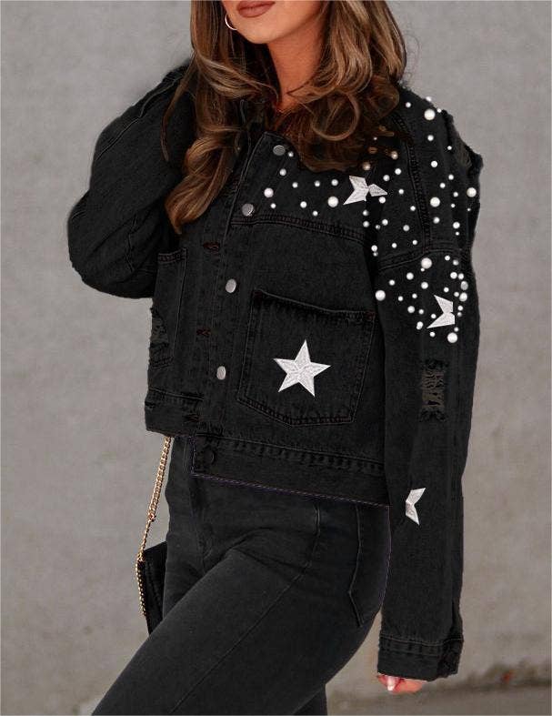 Heavy industry beaded coat women's loose denim jacket - November Moon  