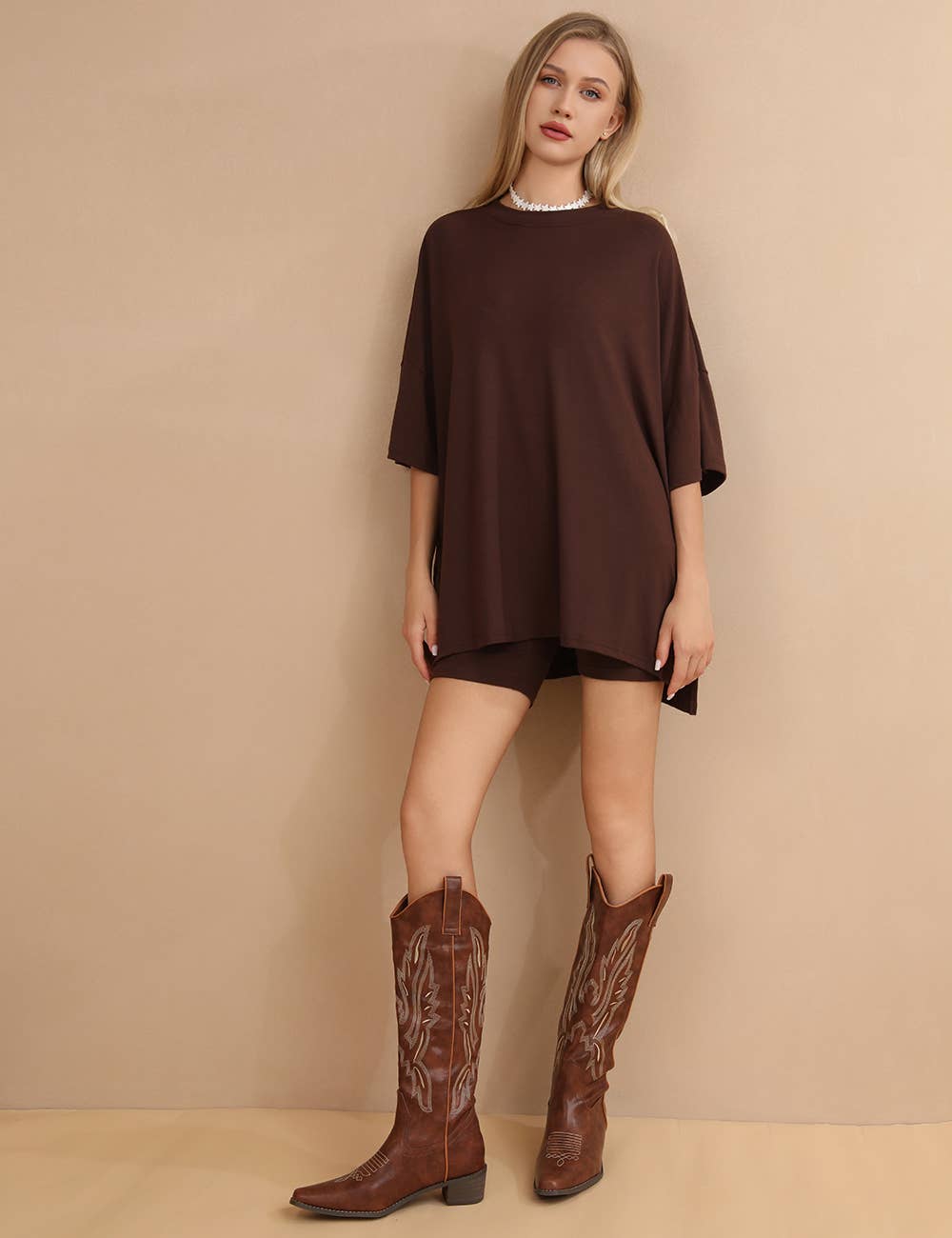 Oversized Shirt & Biker Shorts Set - Brown
