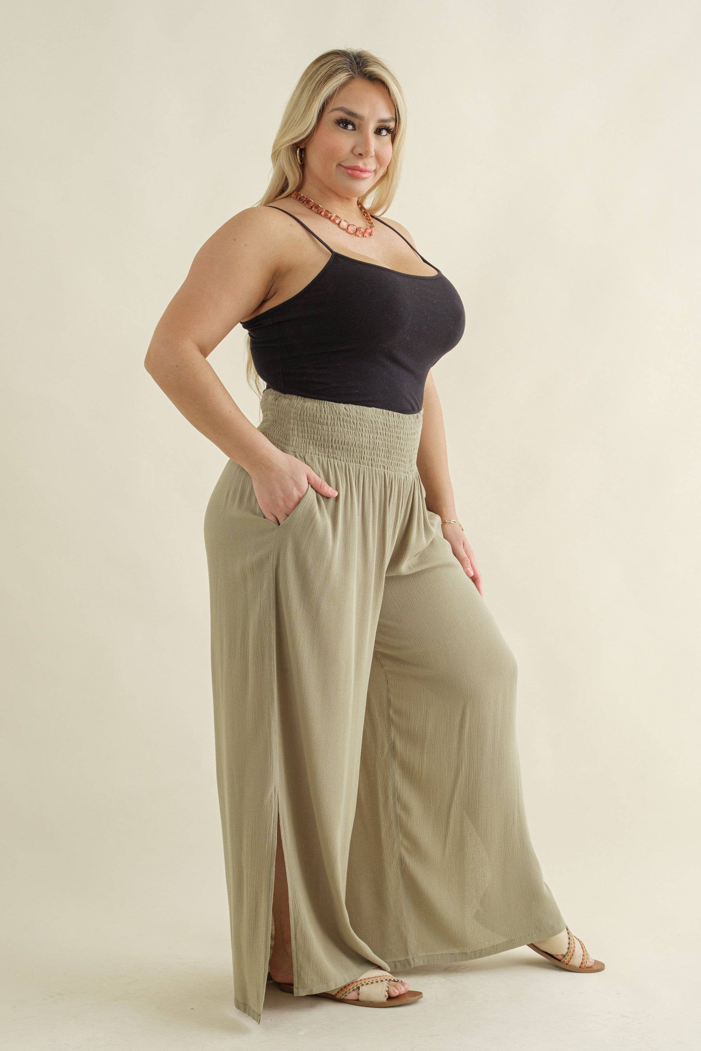 PLUS Wide Leg Palazzo Pants - Olive Green