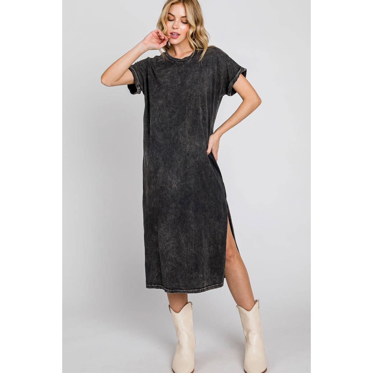 Mineral Wash T-Shirt Dress - Charcoal