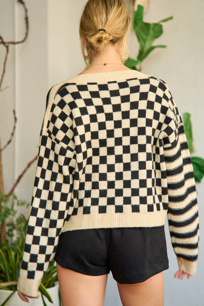 Striped/Checkered Contrast Cardigan