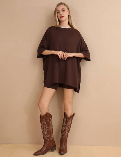Oversized Shirt & Biker Shorts Set - Brown
