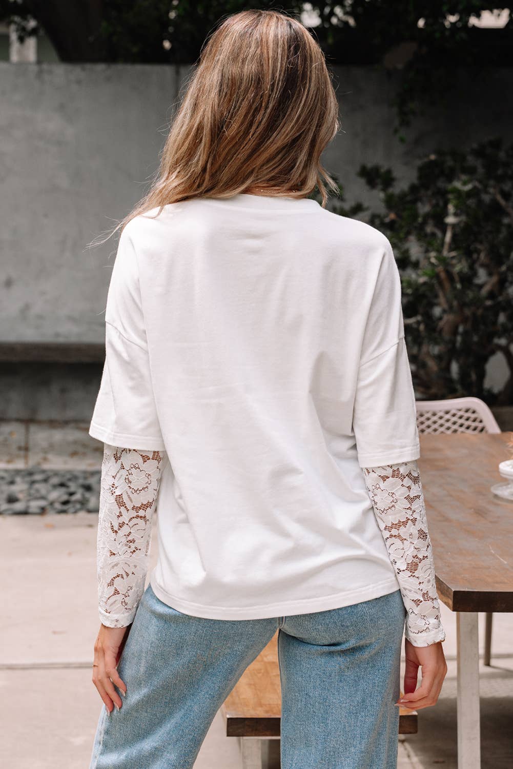 Lace Long Sleeve Drop Shoulder Tee