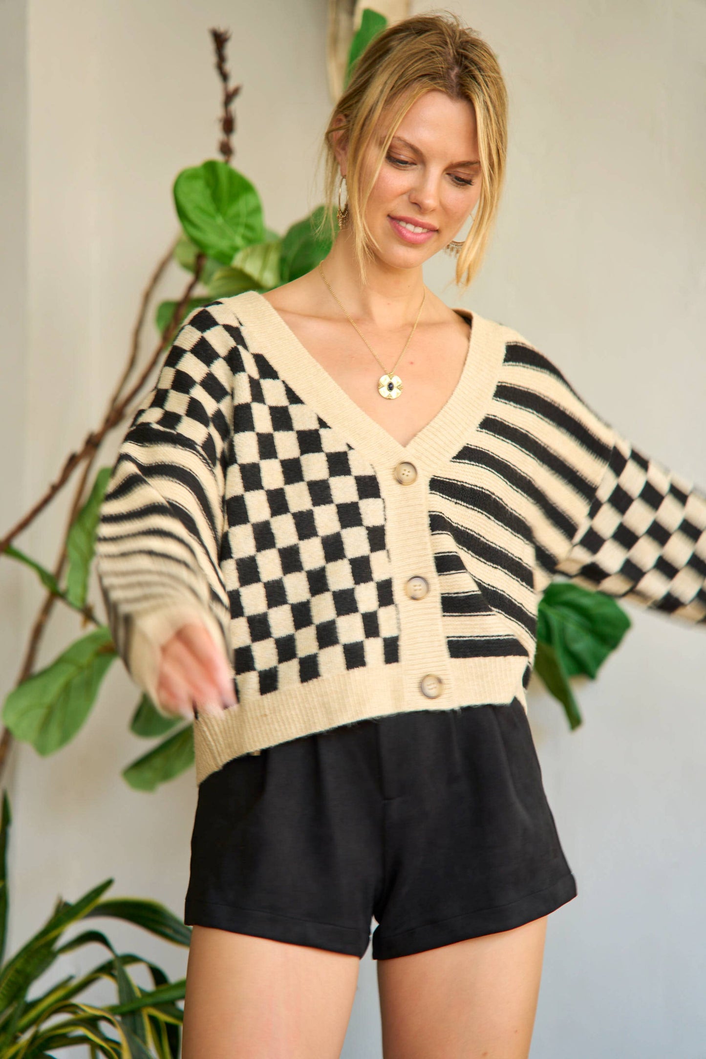 Striped/Checkered Contrast Cardigan