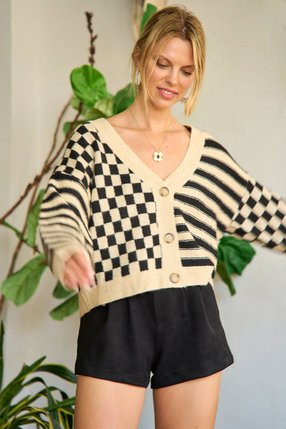 Striped/Checkered Contrast Cardigan