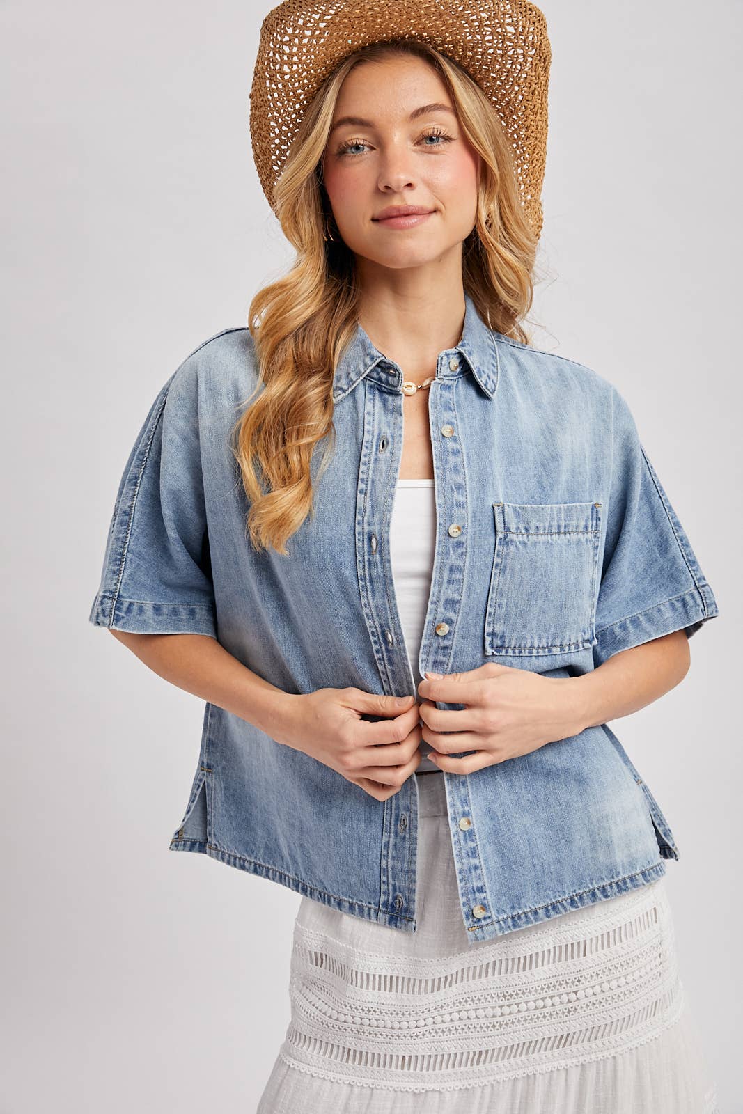 Boxy Denim Short-Sleeve Button Down
