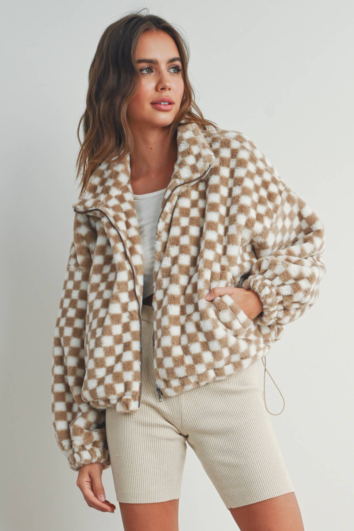 Teddy Checkered Jacket - Sand