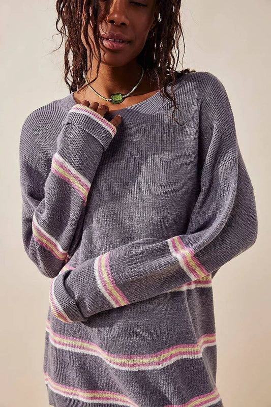 Striped Sweater & Pant Lounge Set - Gray/Pink