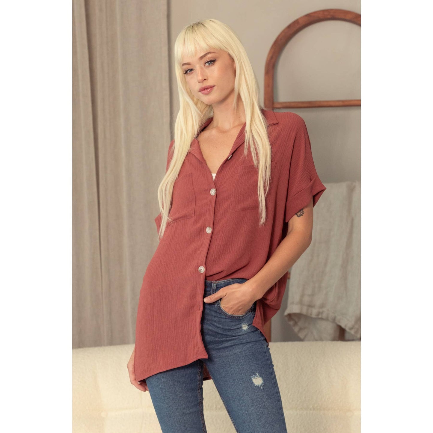 Air Flow Short Sleeve Blouse - Rust