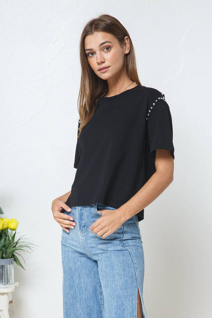 Studded Short Sleeve Crop Tee - November Moon  