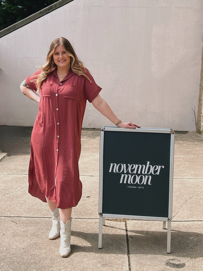 Short Sleeve Button Down Dress - Rust