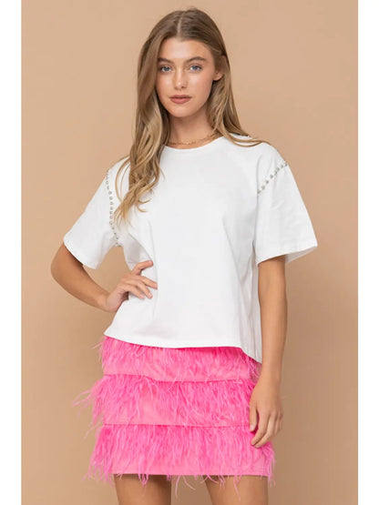 Studded Short Sleeve Crop Tee - White