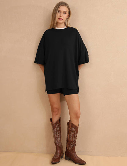 Oversized Shirt & Biker Shorts Set - Black