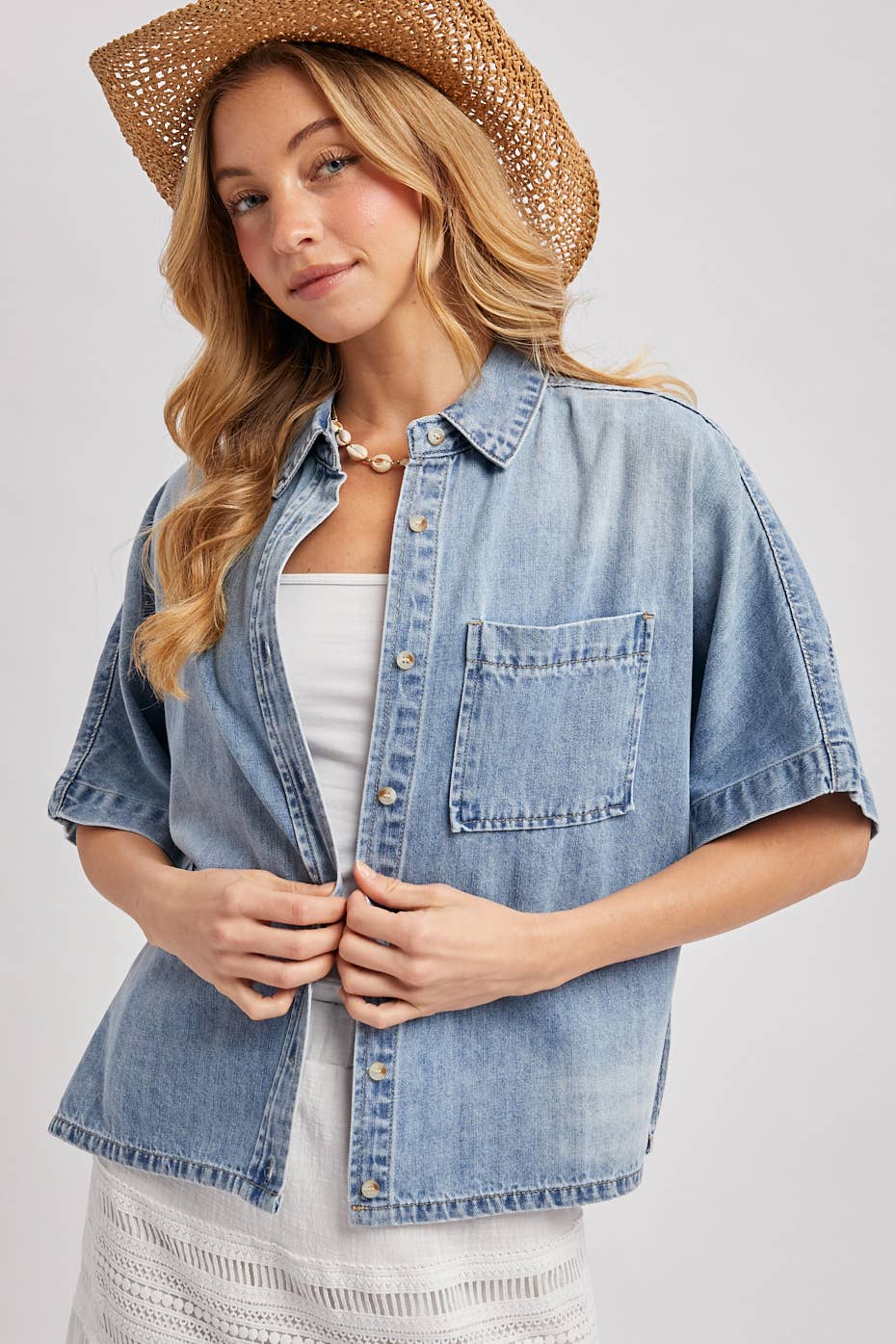 Boxy Denim Short-Sleeve Button Down