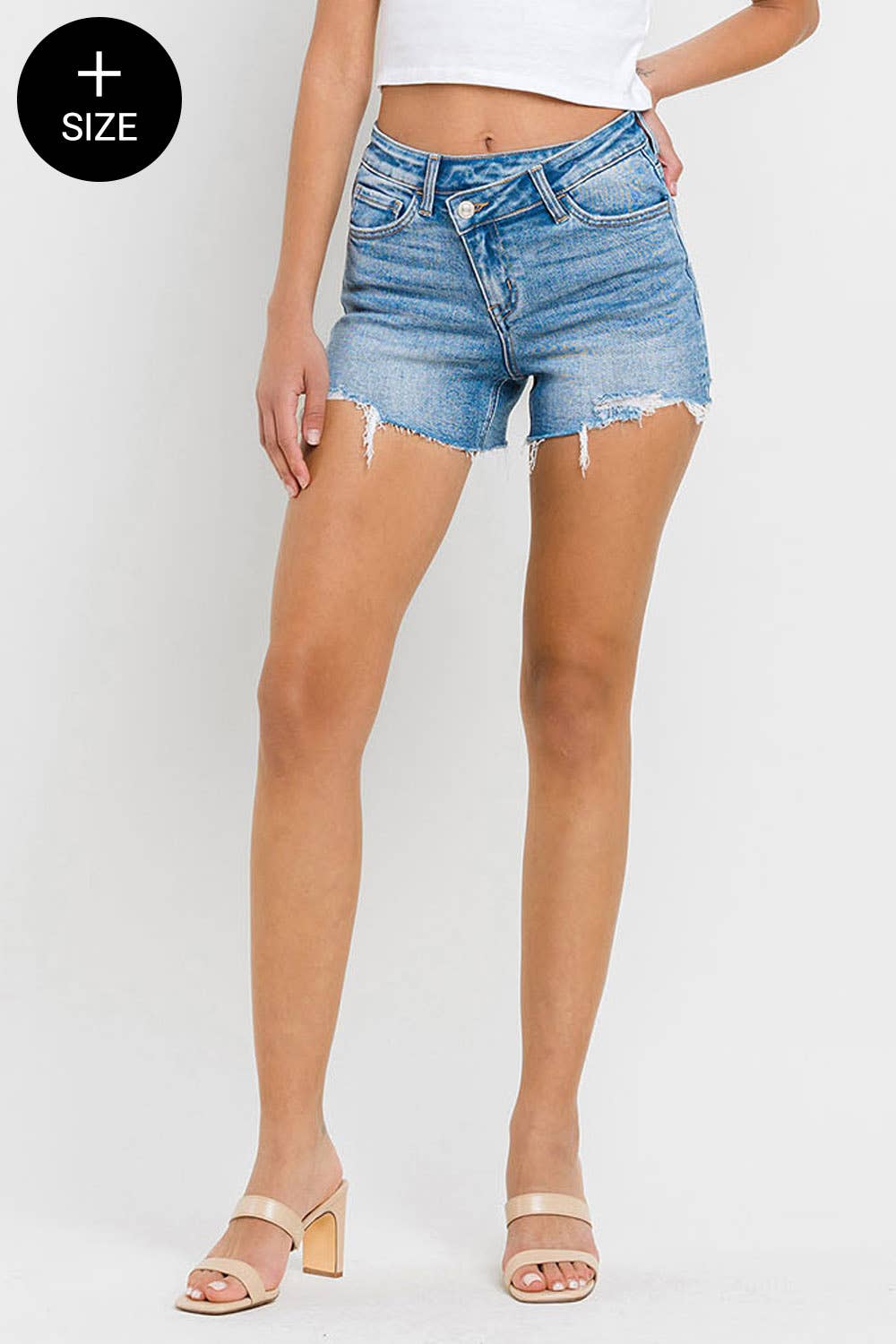 PLUS High Rise Criss-Cross Denim Shorts