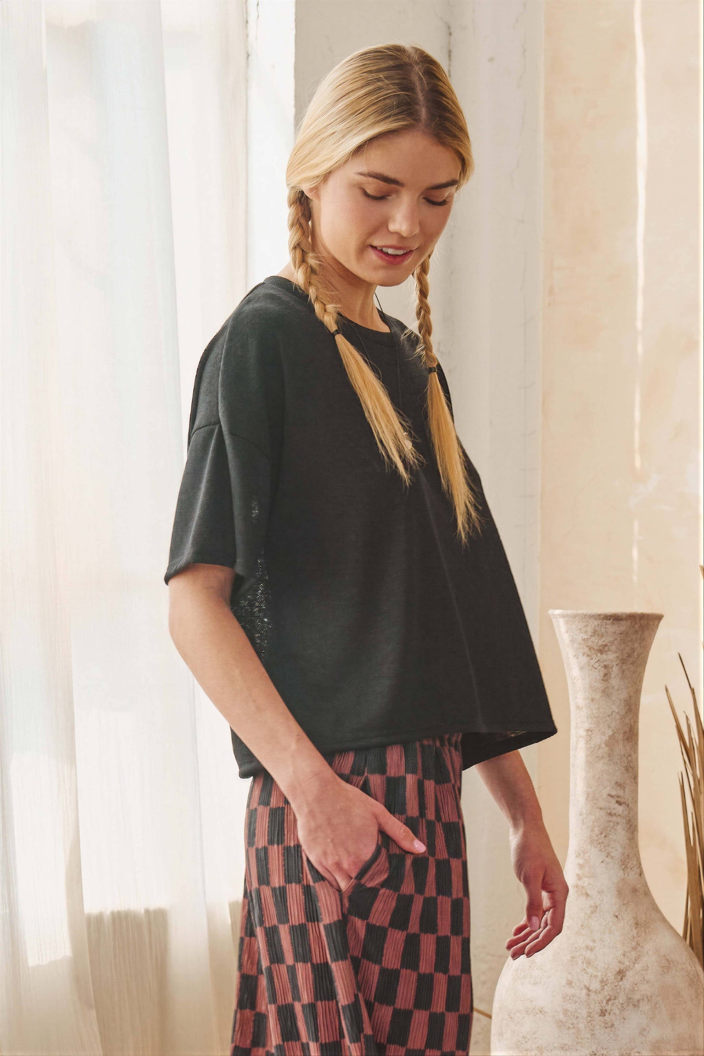 Sheer Cropped Short Sleeve Tee - Black