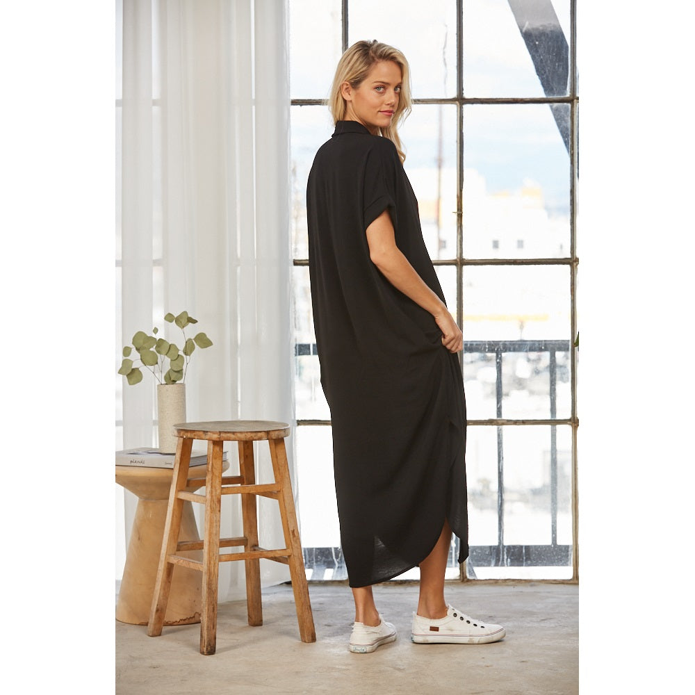 Short Sleeve Button Down Dress - Black