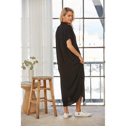 Short Sleeve Button Down Dress - Black