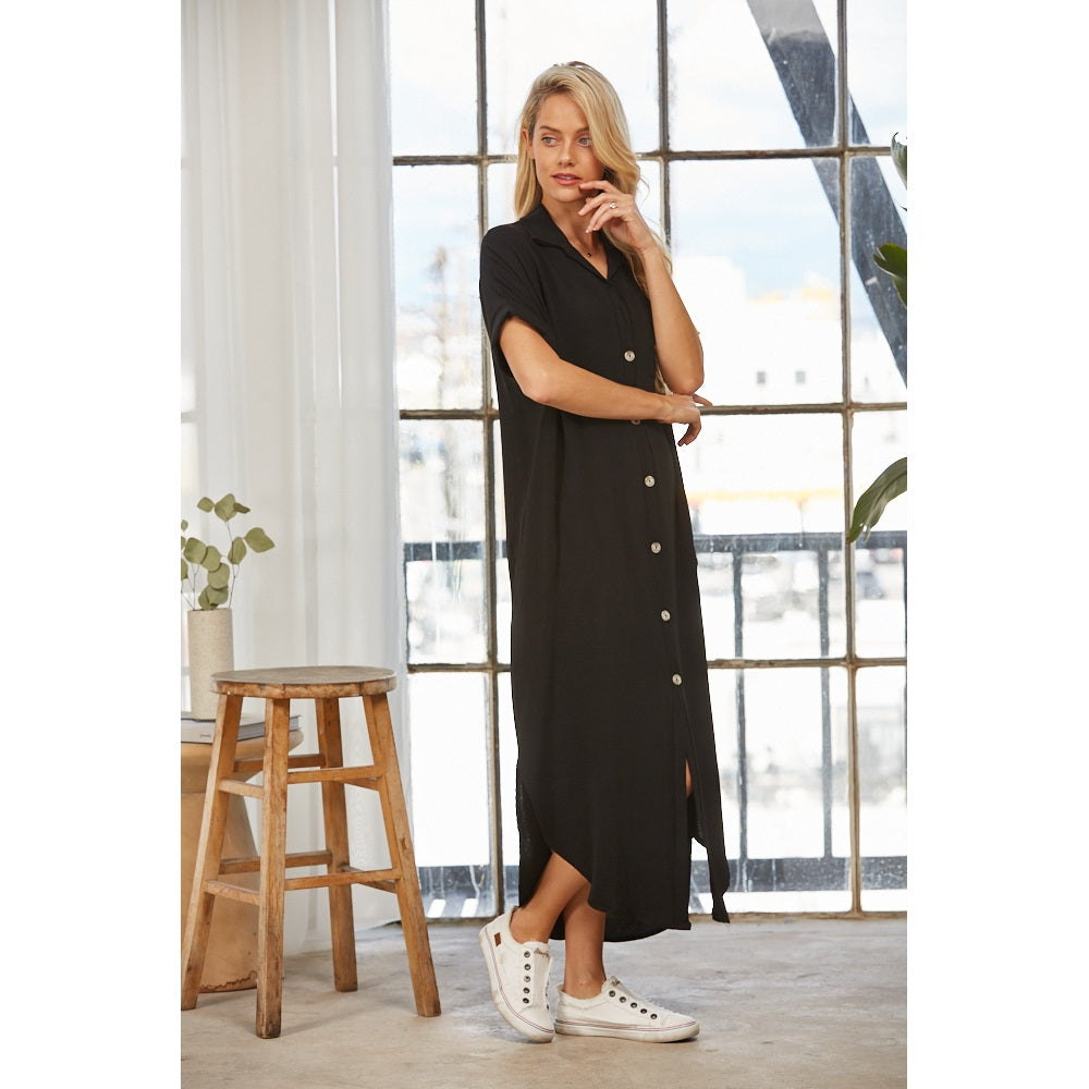 Short Sleeve Button Down Dress - Black