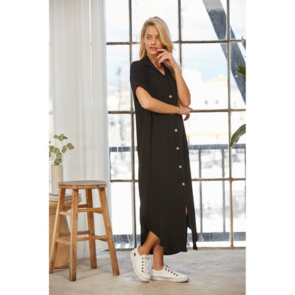 Short Sleeve Button Down Dress - Black