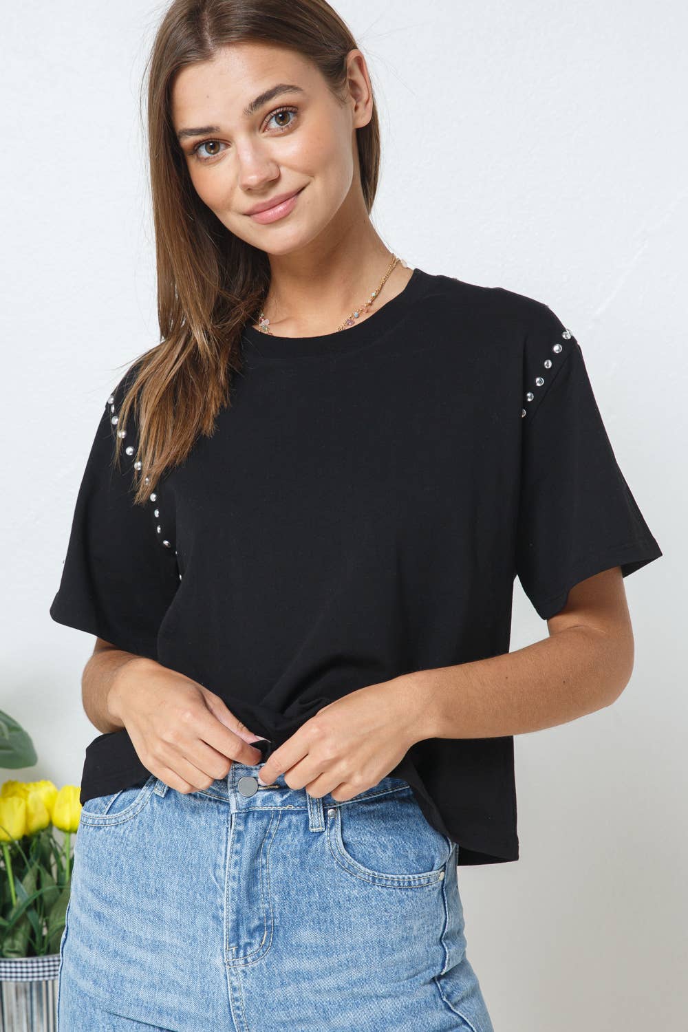 Studded Short Sleeve Crop Tee - November Moon  