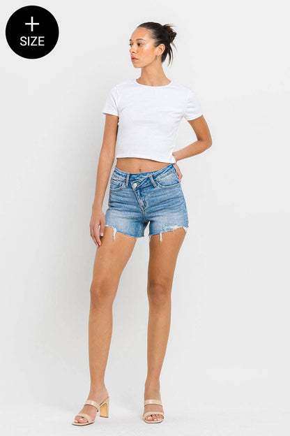 PLUS High Rise Criss-Cross Denim Shorts